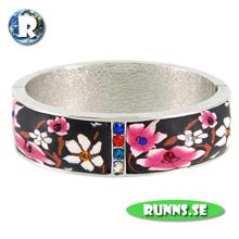 Bild Armband mjuk lera  - Svart med rosa blommor (metall)
